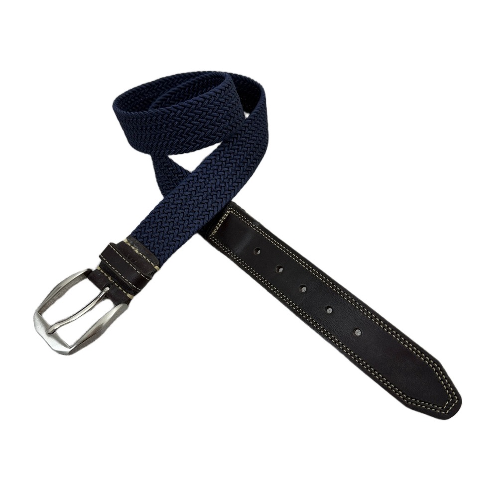 Martin Dingman Woven Elastic Leather Belt Mens 34 Blue Silver Buckle Embossed
